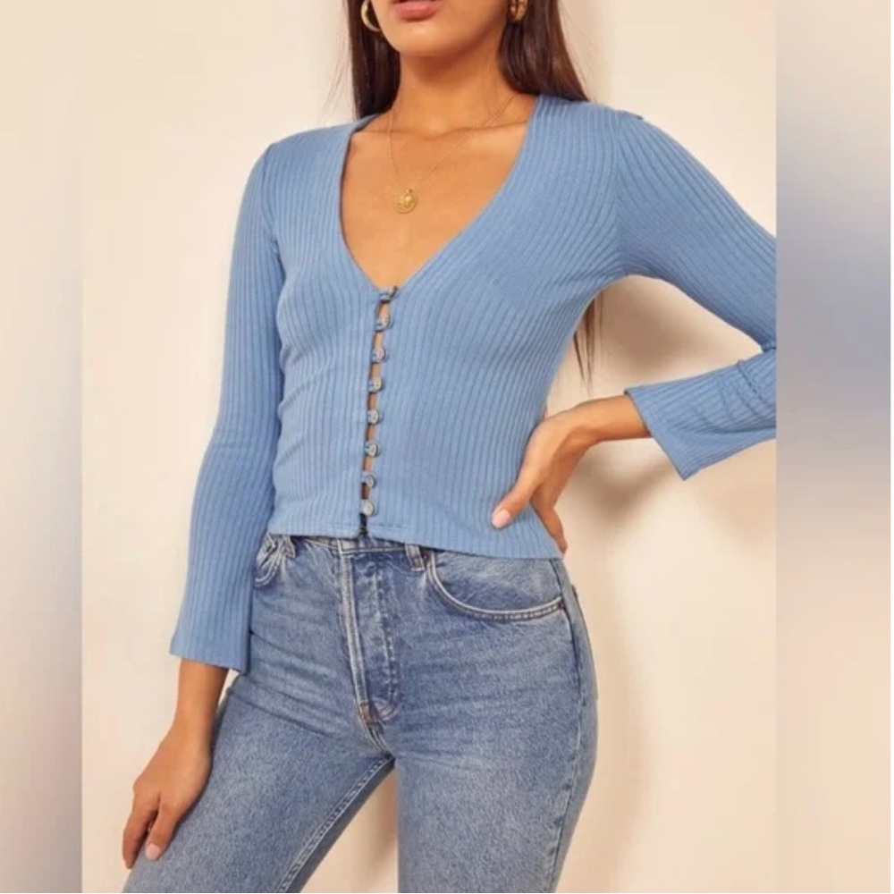 Blue reformation button up sweater